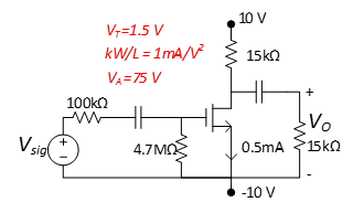 Machine generated alternative text:
vT=1.5 V
k W/L =1 m4/V
VA=75 V
10V
15 kO
100kO
+
vo
-10 V